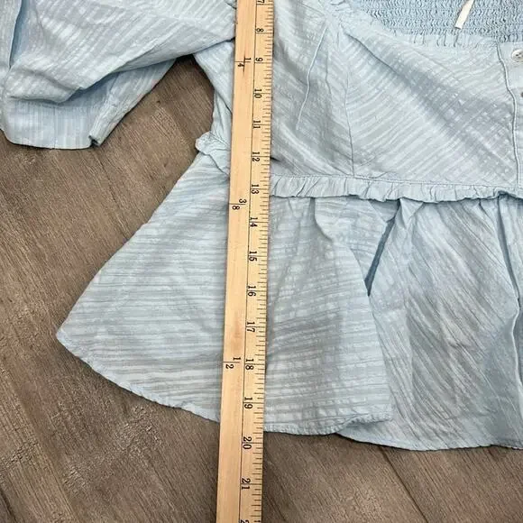 Free People Size Large Leave It To Me Powdered Blue Top Smocked Puff Sleeve NWOT - Picture 10 of 11